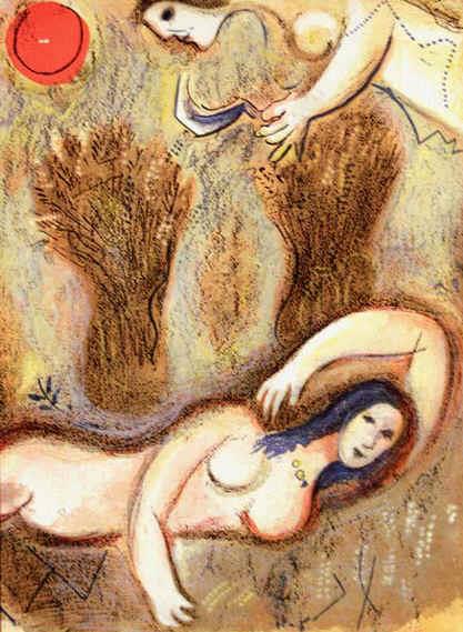 Boas wacht auf und sieht Ruth zu seinen Füßen eine Lithographie des Zeitgenossen Marc Chagall Ölgemälde